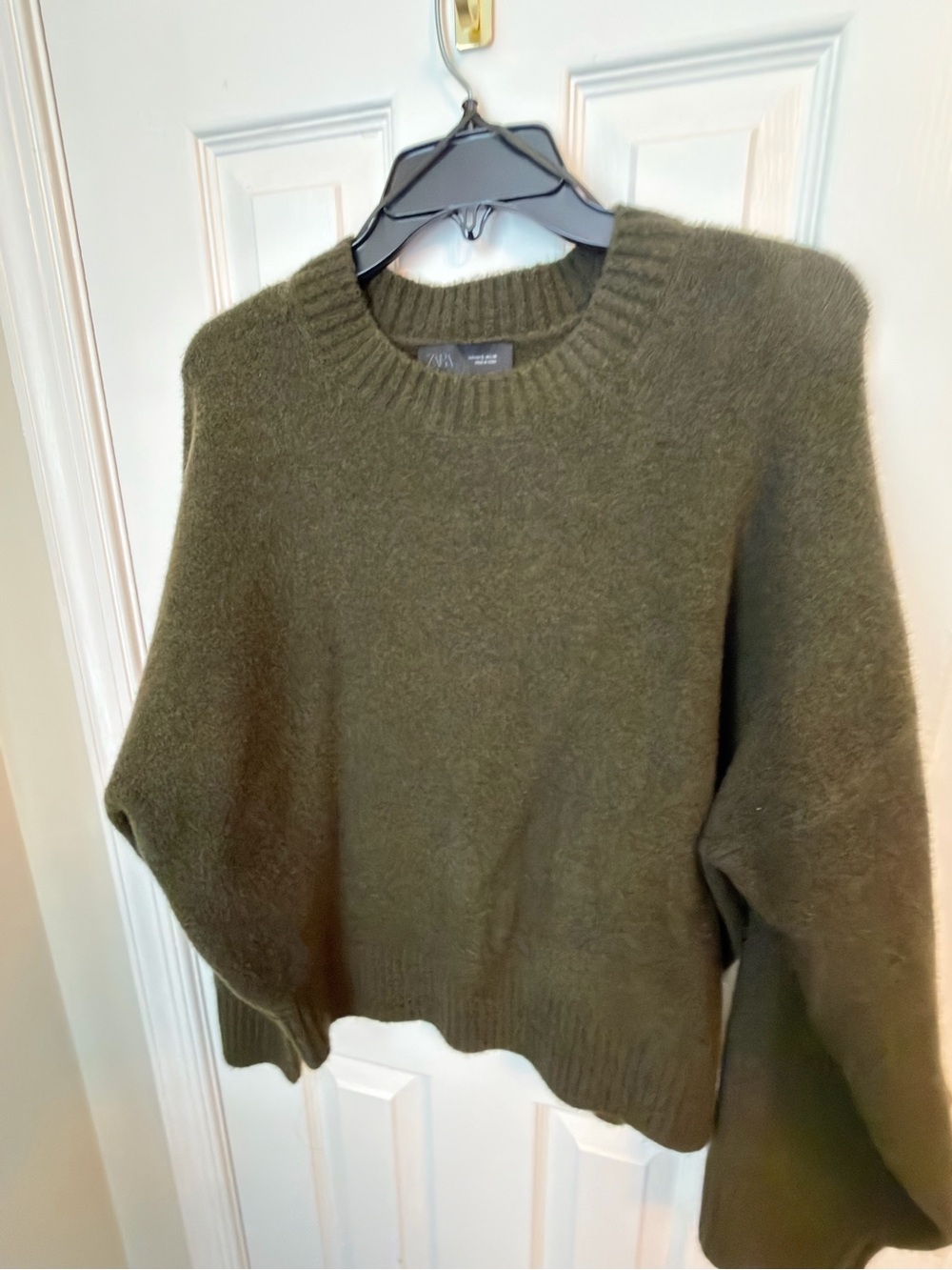 Zara Olive Green Fuzzy Crewneck Sweater
